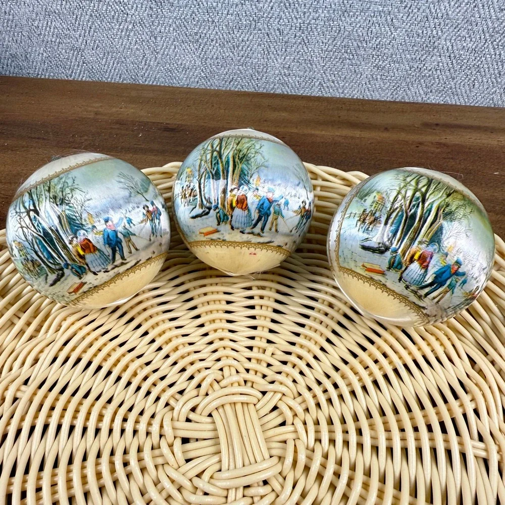 Vintage Satin Sheen Christmas Ornaments Set of 3 Winter Ice Skating Scene